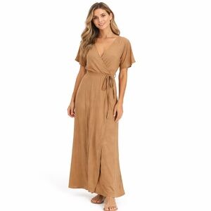 Rokoko Wrap Maxi Dress Camel Short Sleeve V-Neck Tie Waist L NWT Wren & Ivory